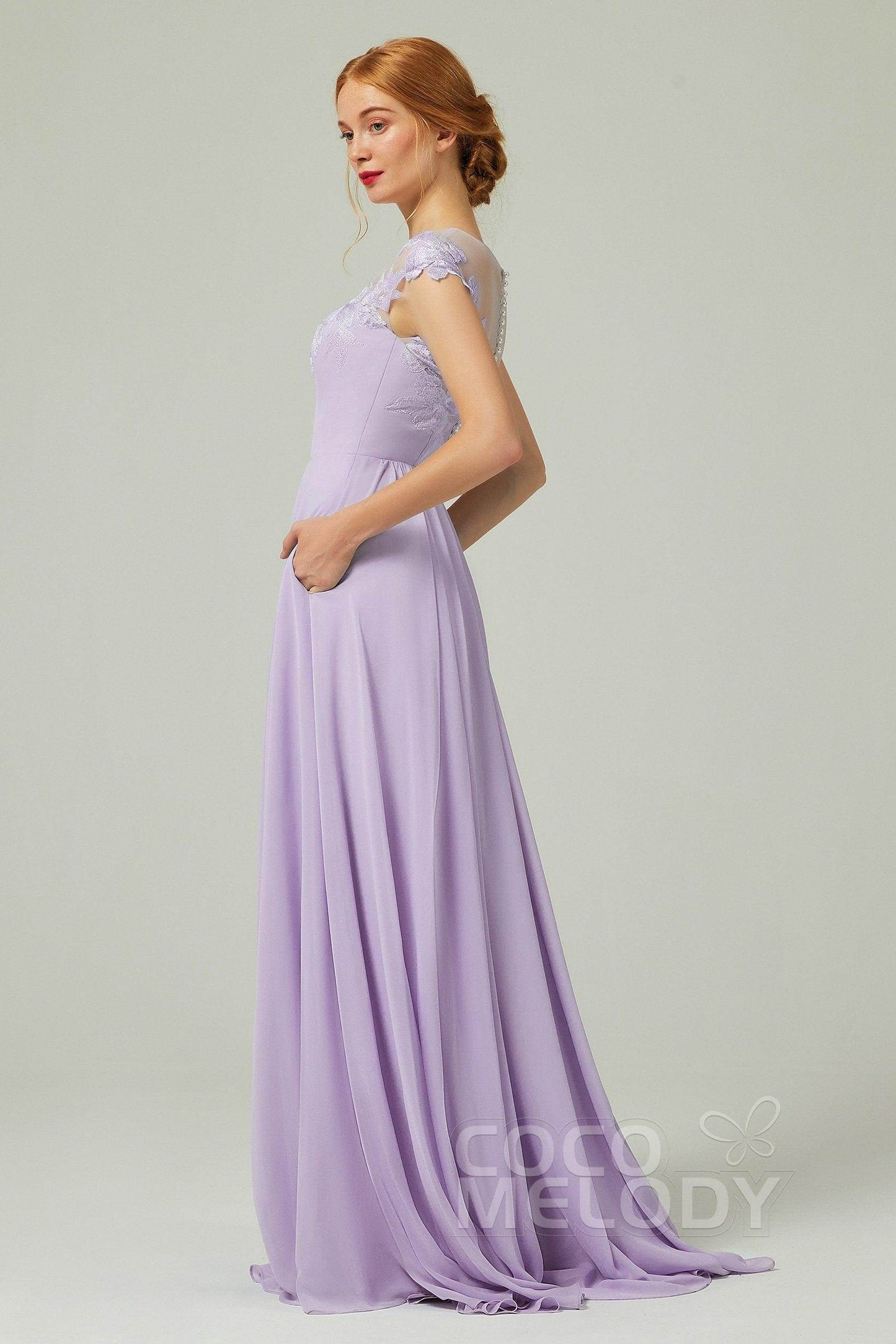 A-Line Sweep-Brush-Train Chiffon Bridesmaid Dress CB0248PS