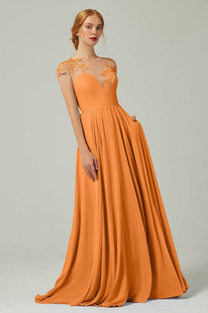 A-Line Sweep-Brush-Train Chiffon Bridesmaid Dress CB0248PS