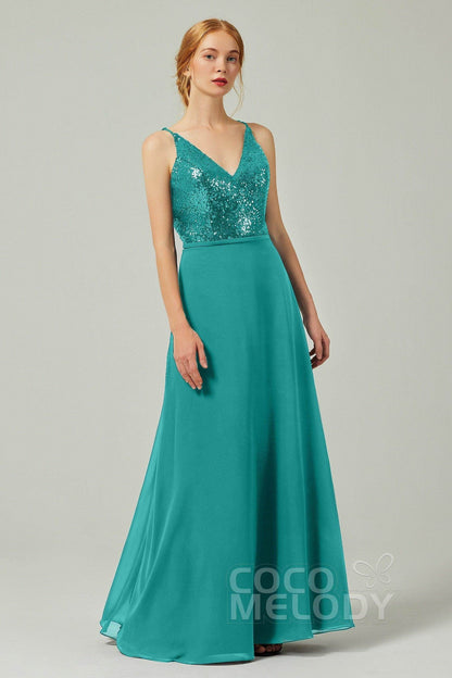 A-Line Floor Length Chiffon Sequined Bridesmaid Dress Formal Dresses CB0335