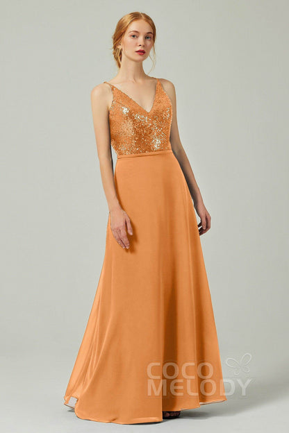 A-Line Floor Length Chiffon Sequined Bridesmaid Dress Formal Dresses CB0335
