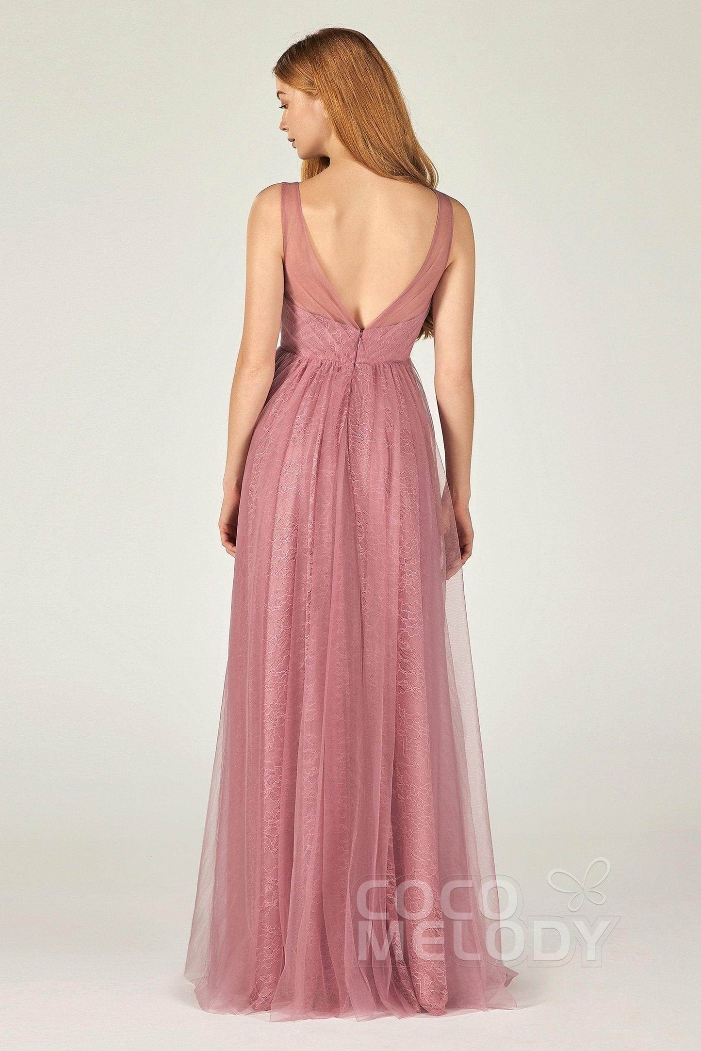 A-Line Floor Length Tulle Lace Bridesmaid Dress CB0375