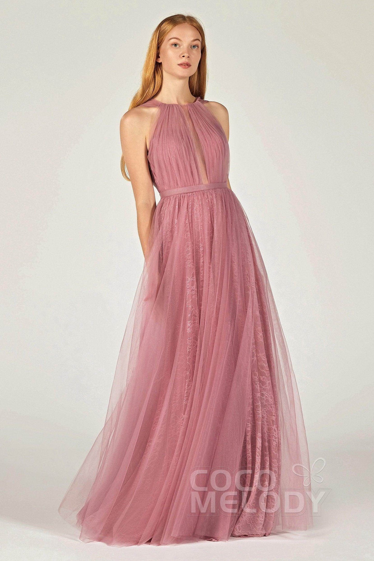 A-Line Floor Length Tulle/Lace Bridesmaid Dress CB0376
