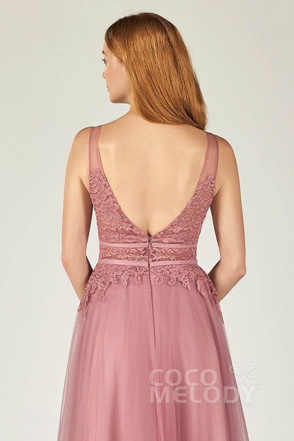 A-Line Floor Length Tulle Lace Bridesmaid Dress CB0379