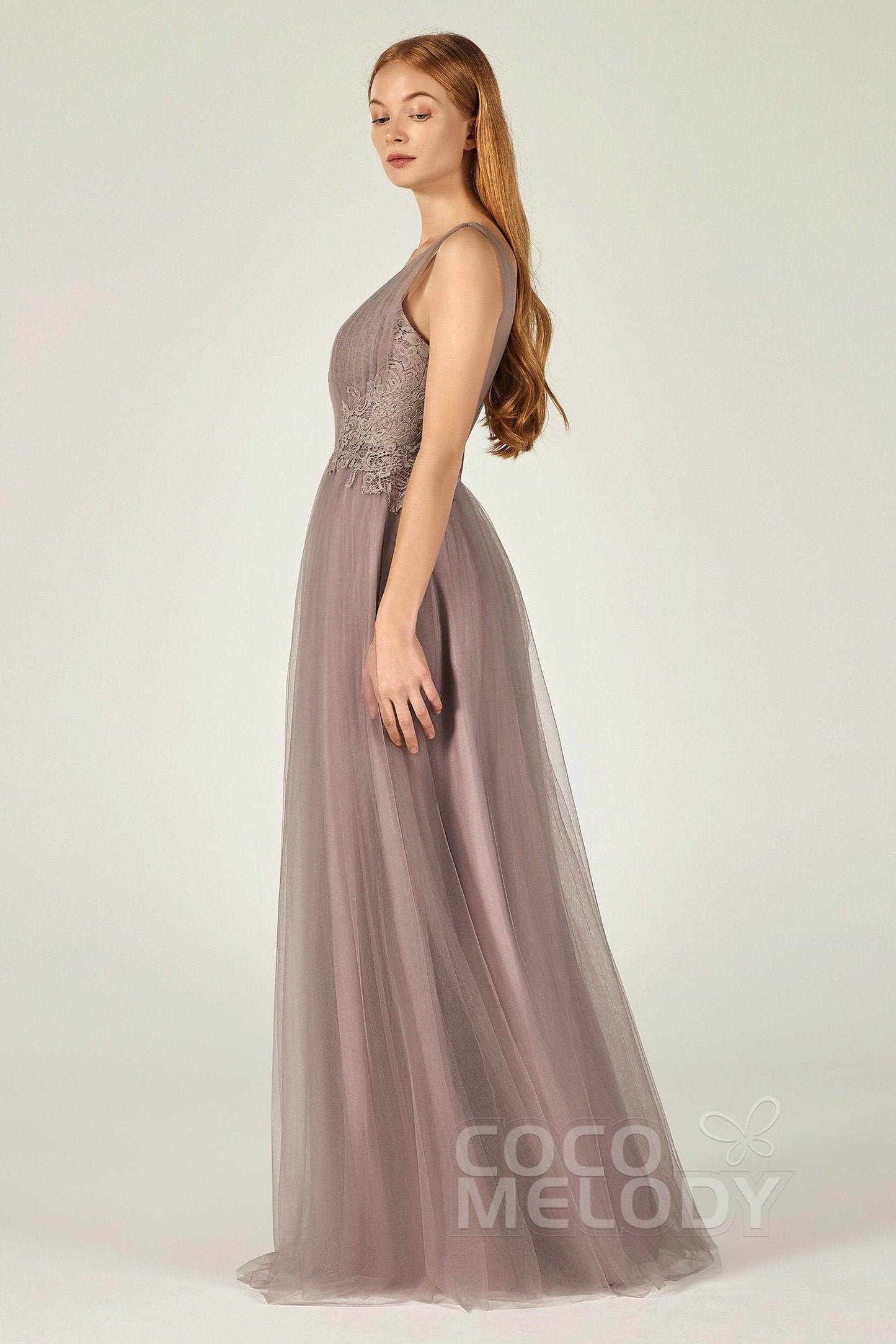 A-Line Floor Length Tulle/Lace Bridesmaid Dress CB0381