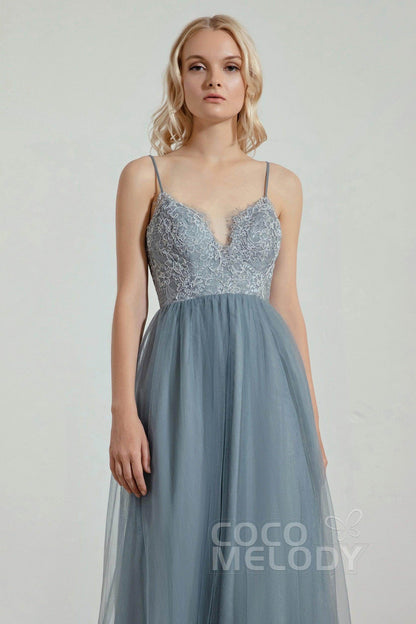 A-Line Floor Length Tulle Lace Bridesmaid Dress CB0437