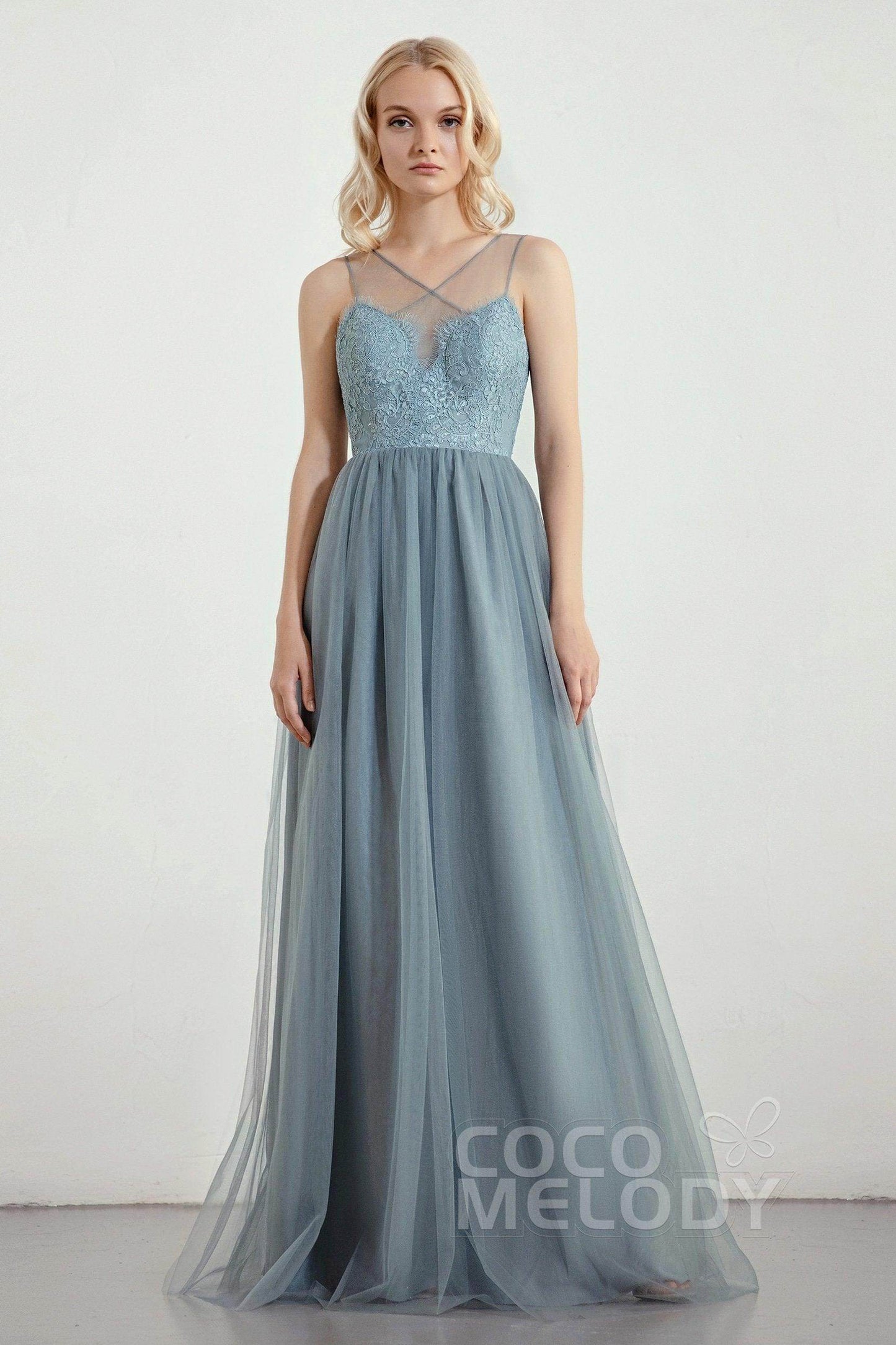 A-Line Floor Length Tulle Lace Bridesmaid Dress CB0439