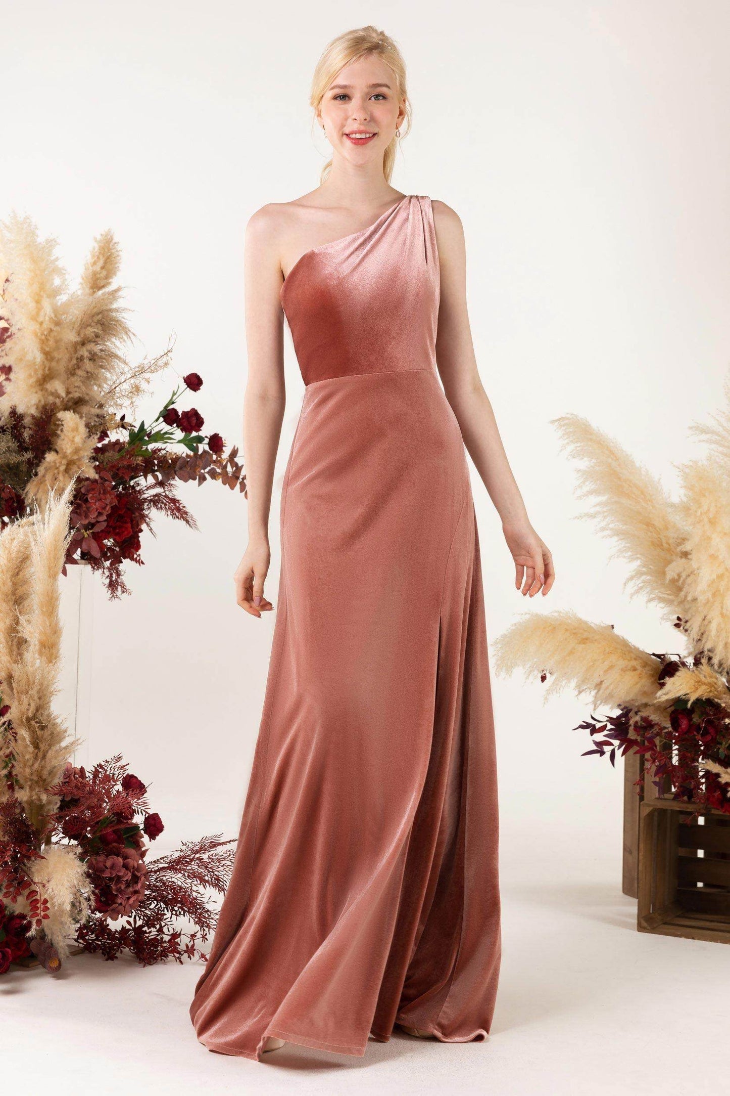 Sheath Sweep-Brush Train Velvet Bridesmaid Dress Formal Dresses CB0537