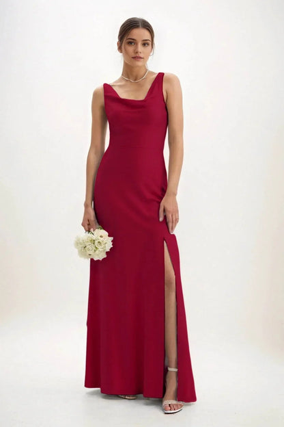 Sheath-Column Maxi Luxe Satin Bridesmaid Dress CB0816