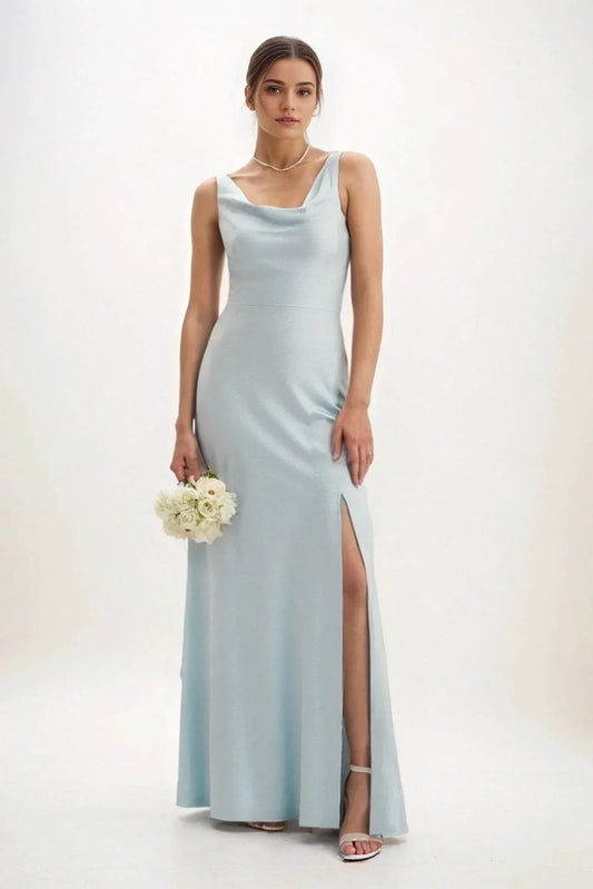 Sheath-Column Maxi Luxe Satin Bridesmaid Dress CB0816