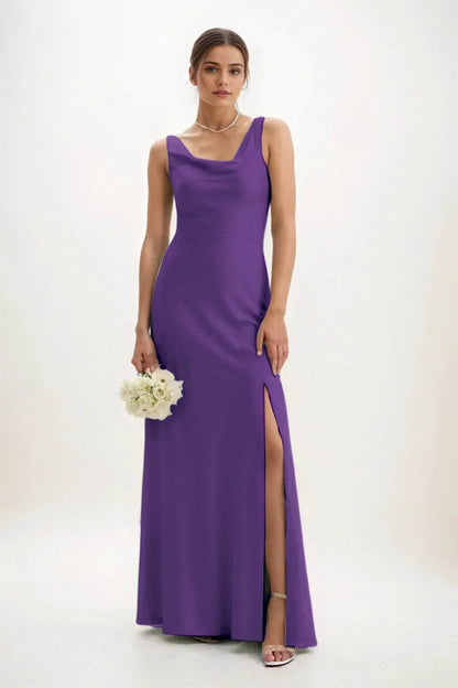 Sheath-Column Maxi Luxe Satin Bridesmaid Dress CB0816