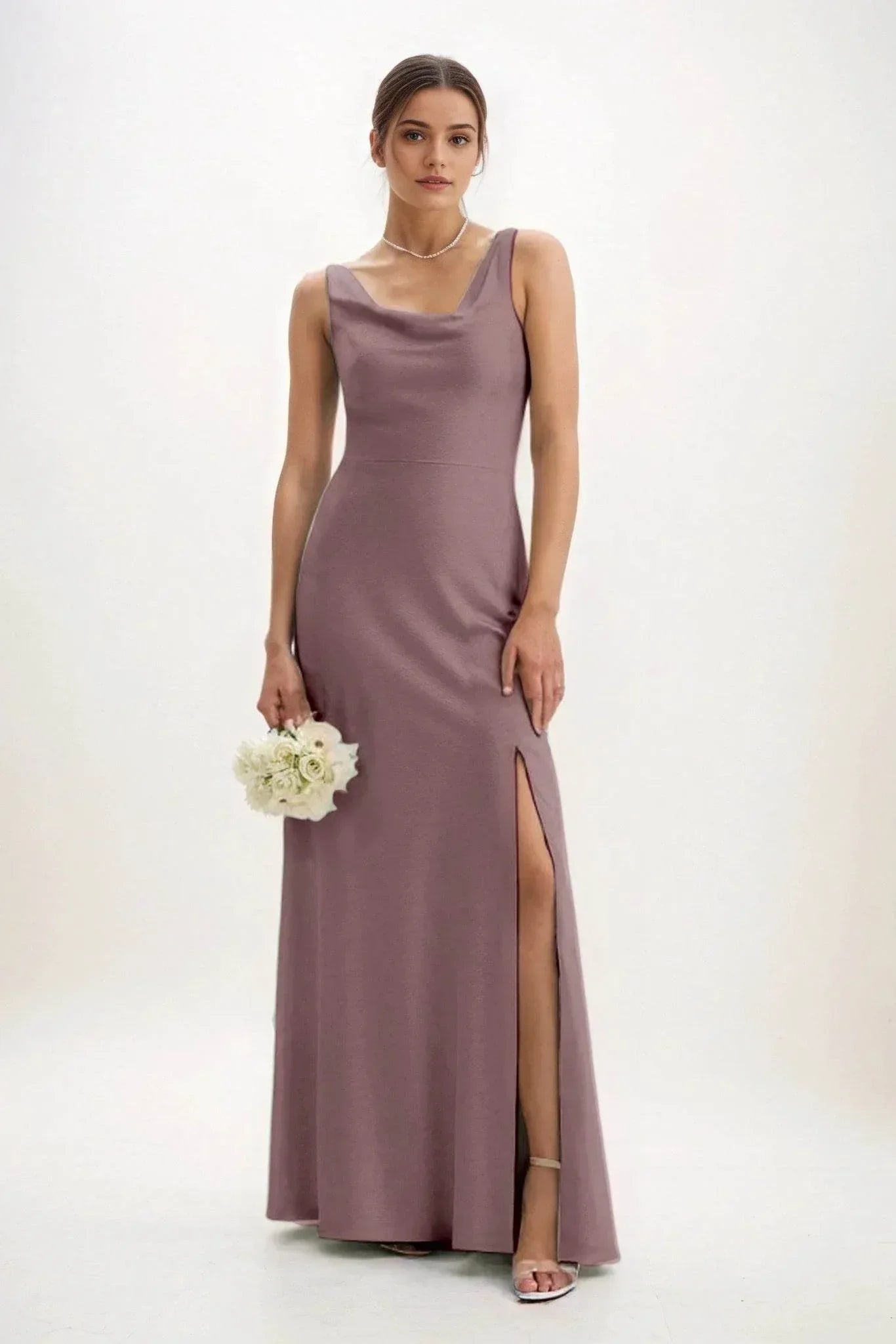 Sheath-Column Maxi Luxe Satin Bridesmaid Dress CB0816