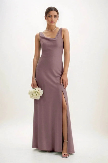 Sheath-Column Maxi Luxe Satin Bridesmaid Dress CB0816
