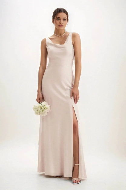 Sheath-Column Maxi Luxe Satin Bridesmaid Dress CB0816
