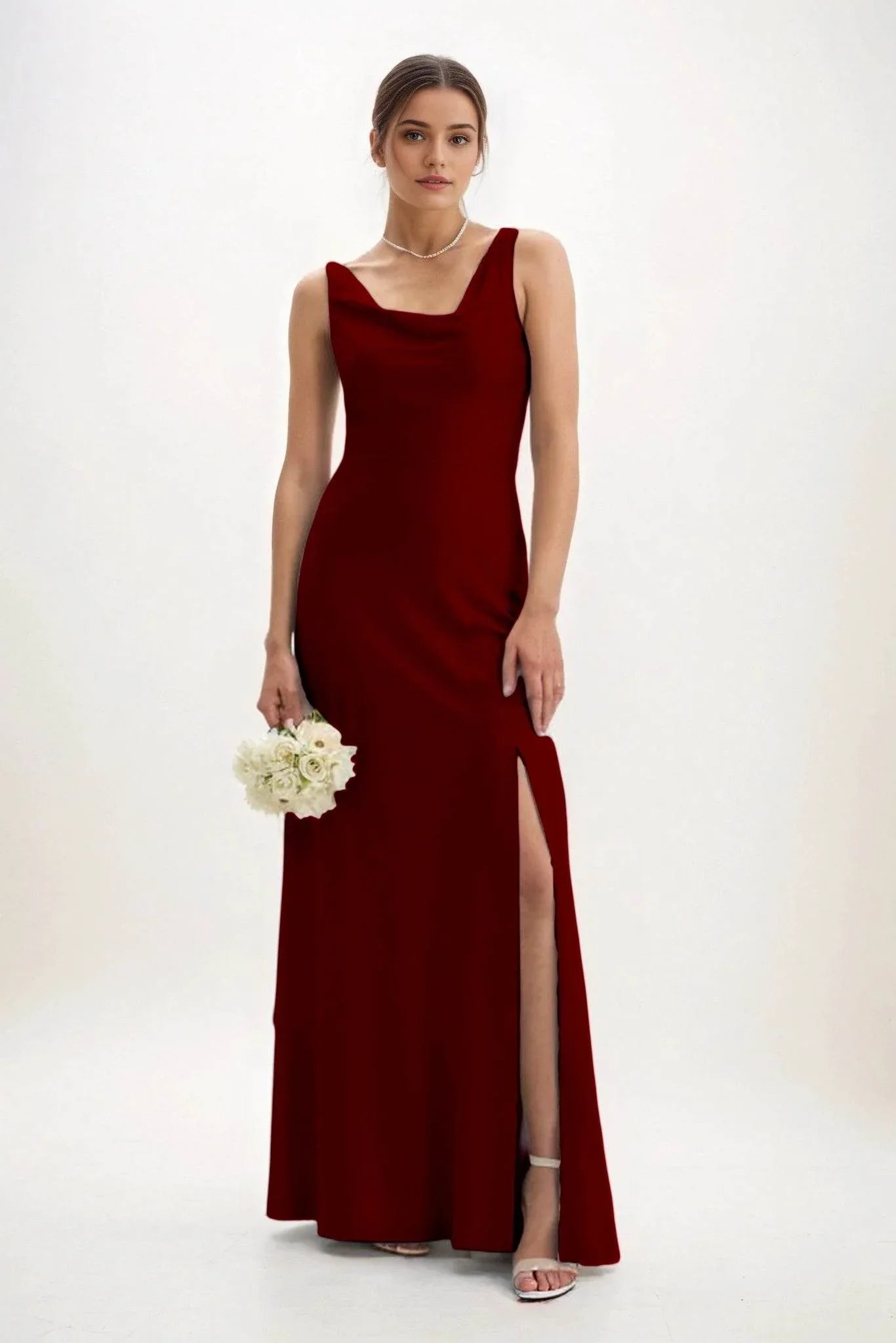 Sheath-Column Maxi Luxe Satin Bridesmaid Dress CB0816