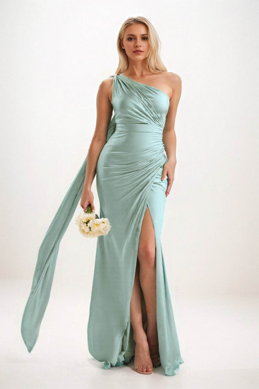 Sheath-Column Sweep-Brush Train Luxe Satin Bridesmaid Dress CB0833