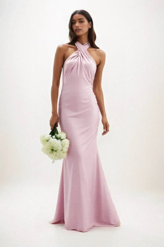 Sheath-Column Maxi Luxe Satin Bridesmaid Dress CB0837