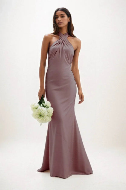 Sheath-Column Maxi Luxe Satin Bridesmaid Dress CB0837