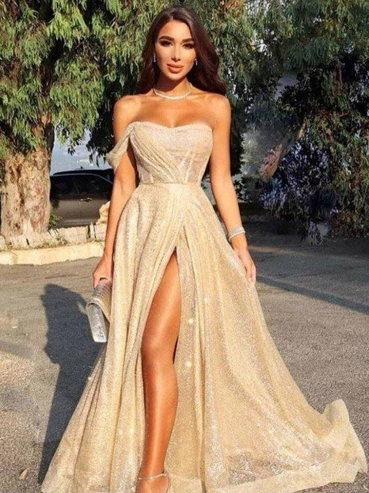 A-Line/Princess Sweep/Brush Train Strapless Sleeveless Dresses - RongMoon