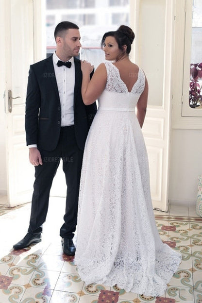 A-Line V-neck Court Train Floor Length Lace Wedding Dress