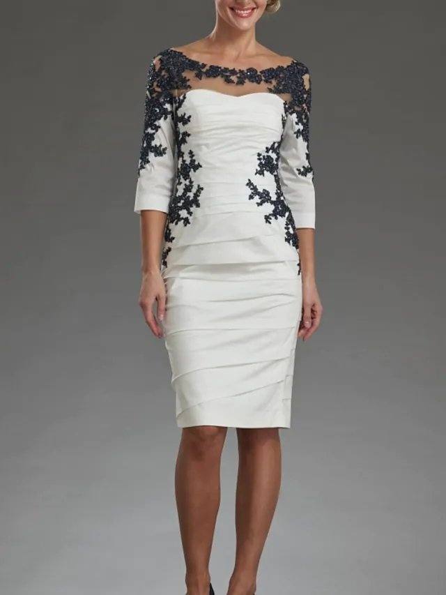 Sheath / Column Mother of the Bride Dress Elegant Off Shoulder Knee Length Lace Taffeta 3/4 Length Sleeve with Appliques Ruching - RongMoon
