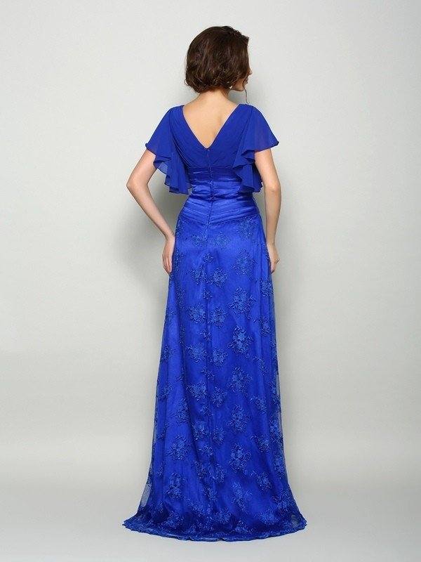 A-Line/Princess V-neck Applique Short Sleeves Long Chiffon Mother of the Bride Dresses - RongMoon