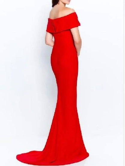 Mermaid / Trumpet Mother of the Bride Dress Elegant Off Shoulder Sweep / Brush Train Stretch Fabric Short Sleeve with Ruching - RongMoon