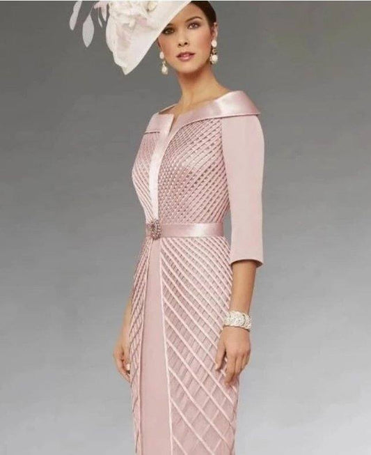 Royal Blue Mother Of The Bride Dresses Sheath Knee Length Pearls 3/4 Sleeves Plus Size Short Groom Mother Dresses For Wedding - RongMoon