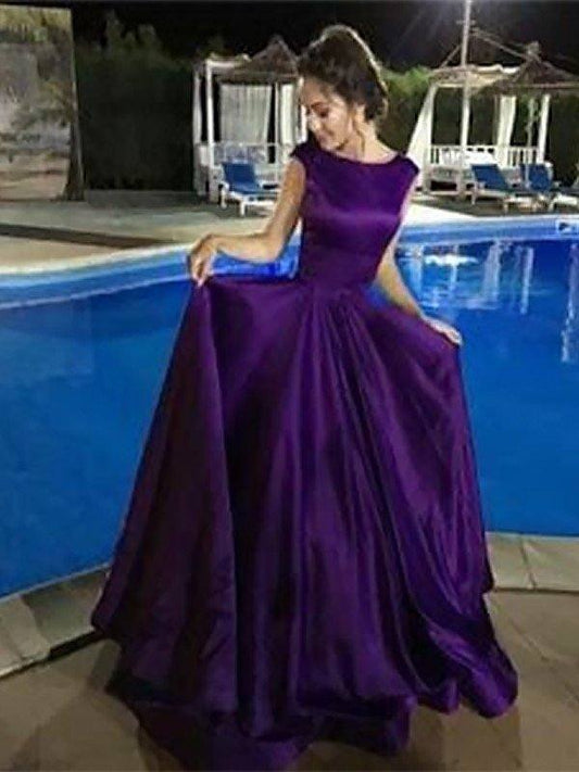 A-Line Bateau Sleeveless Floor-Length With Ruffles Satin Dresses - RongMoon