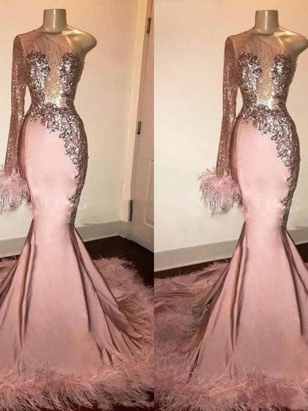 Trumpet/Mermaid Elastic Woven Satin Feathers/Fur One-Shoulder Long Sleeves Sweep/Brush Train Dresses - RongMoon