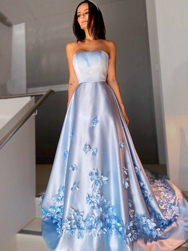 A-Line/Princess Satin Hand-Made Flower Strapless Sleeveless Sweep/Brush Train Dresses - RongMoon