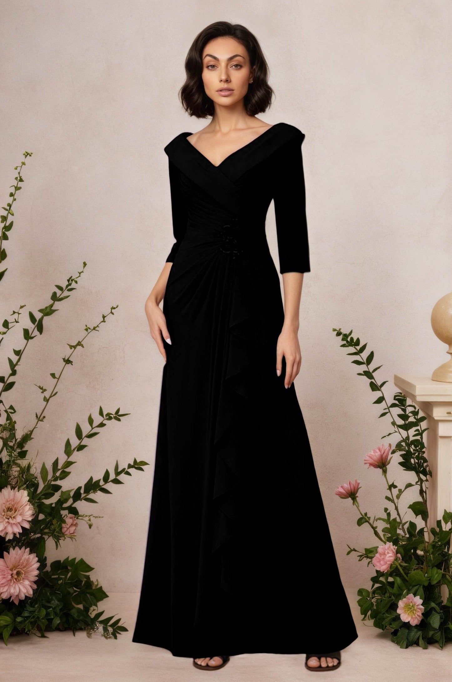V Neck 3/4 Length Sleeves Floor Length Unique Mother Dresses CM0345