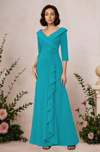 V Neck 3/4 Length Sleeves Floor Length Unique Mother Dresses CM0345