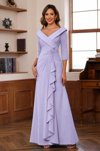 V Neck 3/4 Length Sleeves Floor Length Unique Mother Dresses CM0345