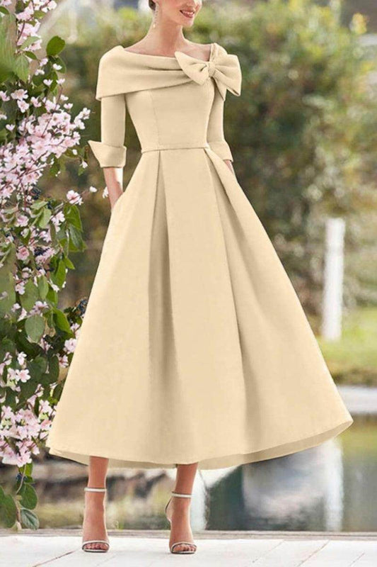 A Line Cowl Neck 3/4 Sleeves Tea Length Elegant Mother Dresses CM0348