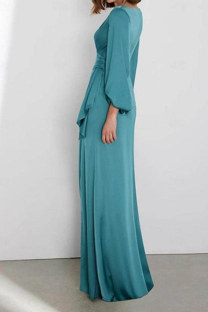 A Line Floor Length Long Sleeve V Neck Mother Dresses CM0362