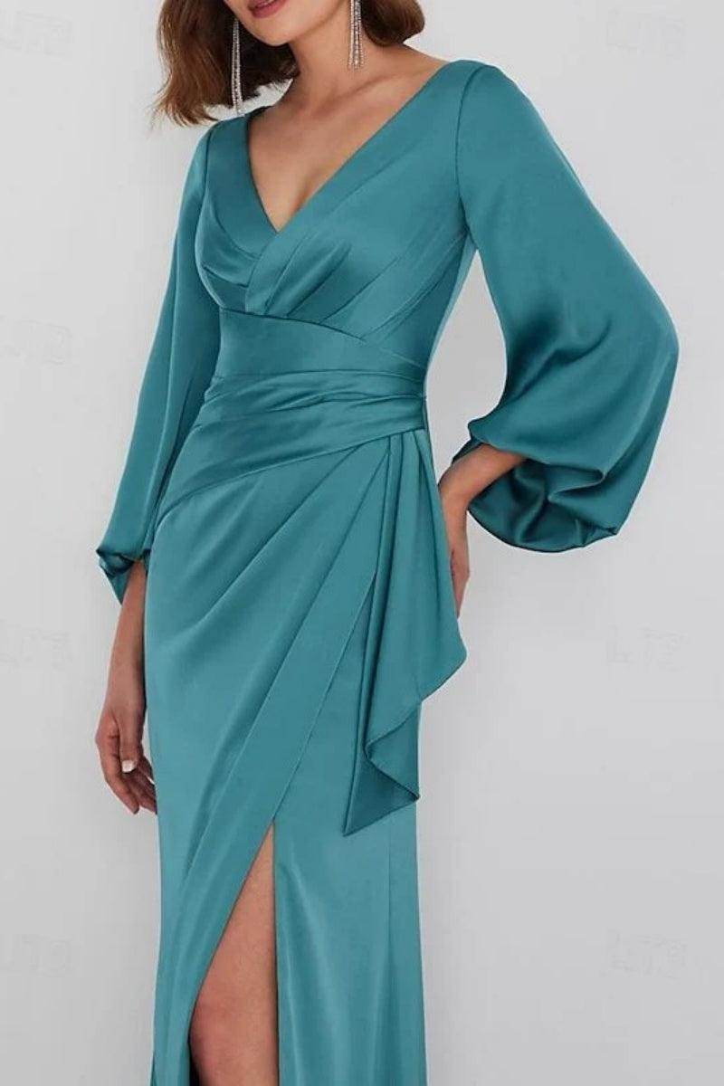 A Line Floor Length Long Sleeve V Neck Mother Dresses CM0362