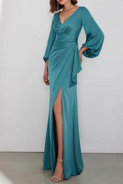 A Line Floor Length Long Sleeve V Neck Mother Dresses CM0362
