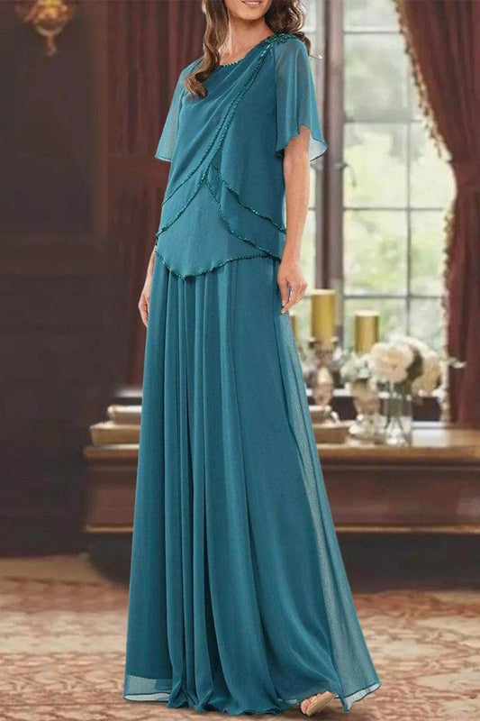 A Line Jewel Neck Short Sleeves Floor Length Mother Dress CM0363
