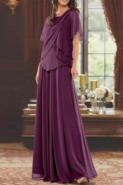 A Line Jewel Neck Short Sleeves Floor Length Mother Dress CM0363
