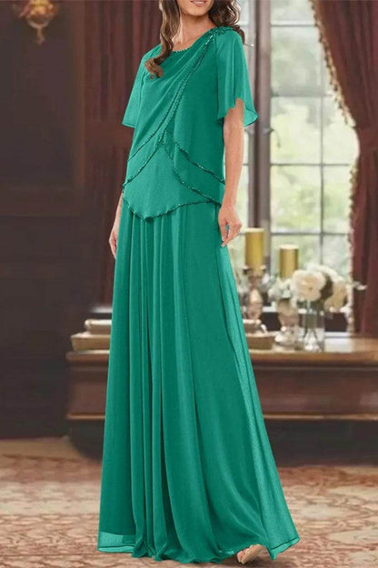 A Line Jewel Neck Short Sleeves Floor Length Mother Dress CM0363