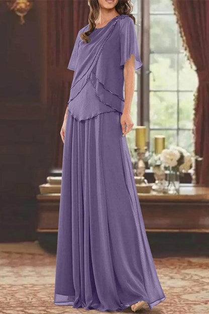 A Line Jewel Neck Short Sleeves Floor Length Mother Dress CM0363