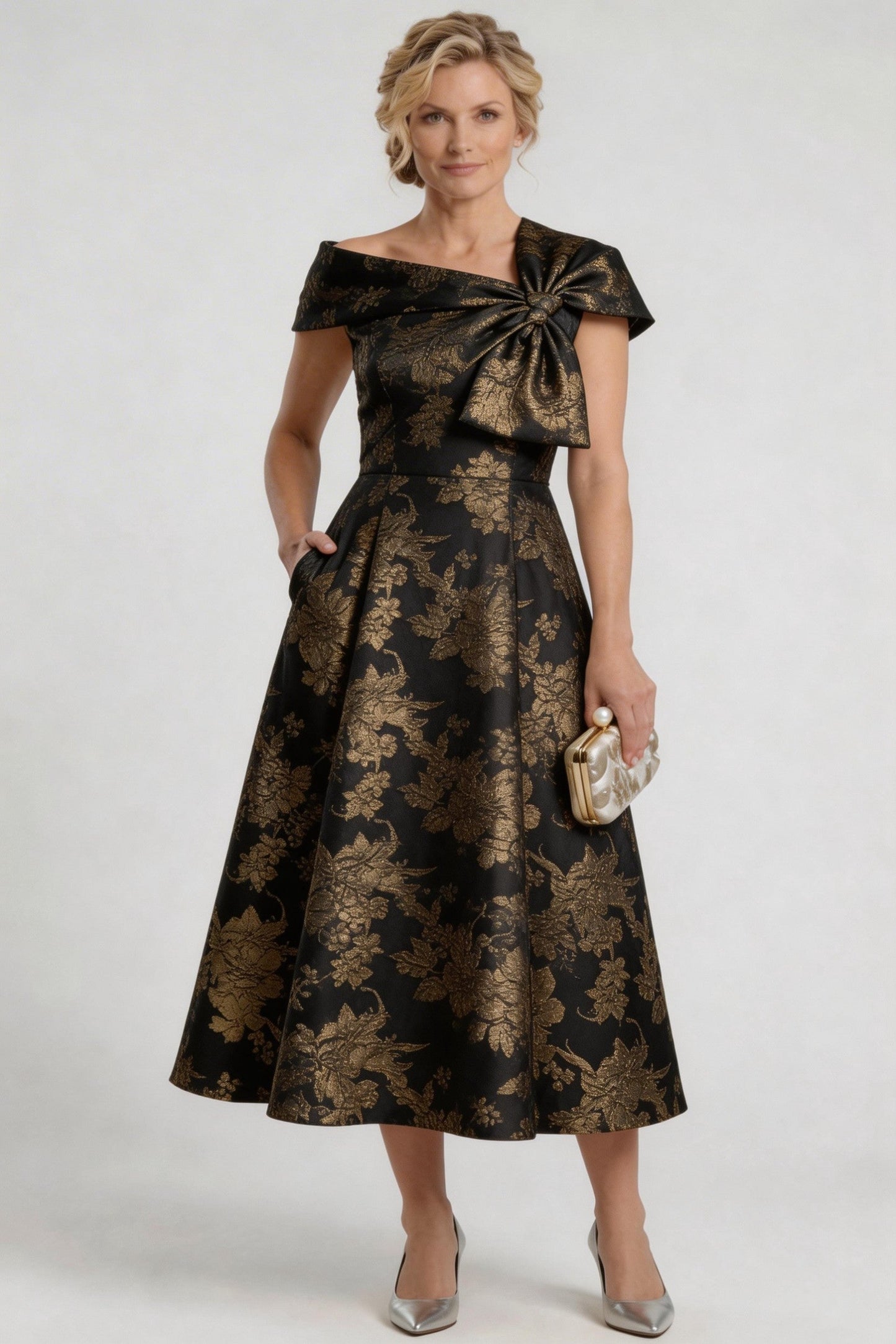 A-Line Tea-Length Jacquard Mother of the Bride Dress CM0413