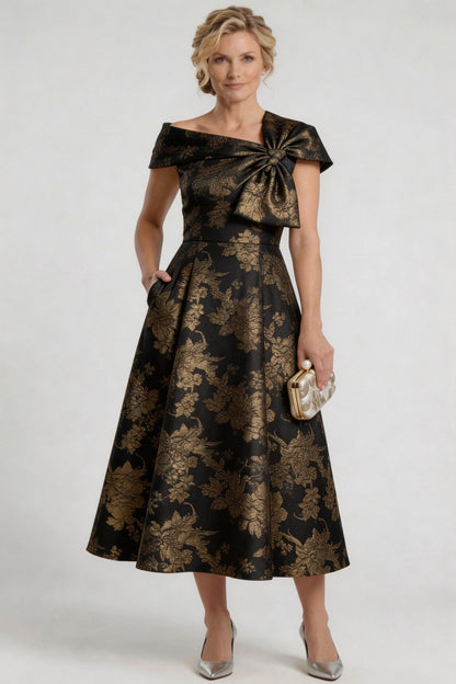 A-Line Tea-Length Jacquard Mother of the Bride Dress CM0413