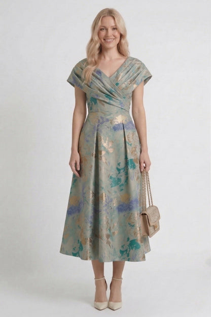 A-Line Tea-Length Jacquard Mother of the Bride Dress CM0417