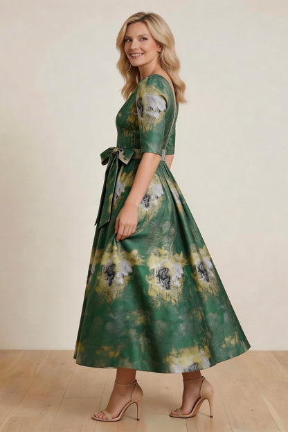 A-Line Tea-Length Jacquard Mother of the Bride Dress CM0424