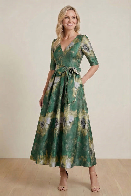 A-Line Tea-Length Jacquard Mother of the Bride Dress CM0424