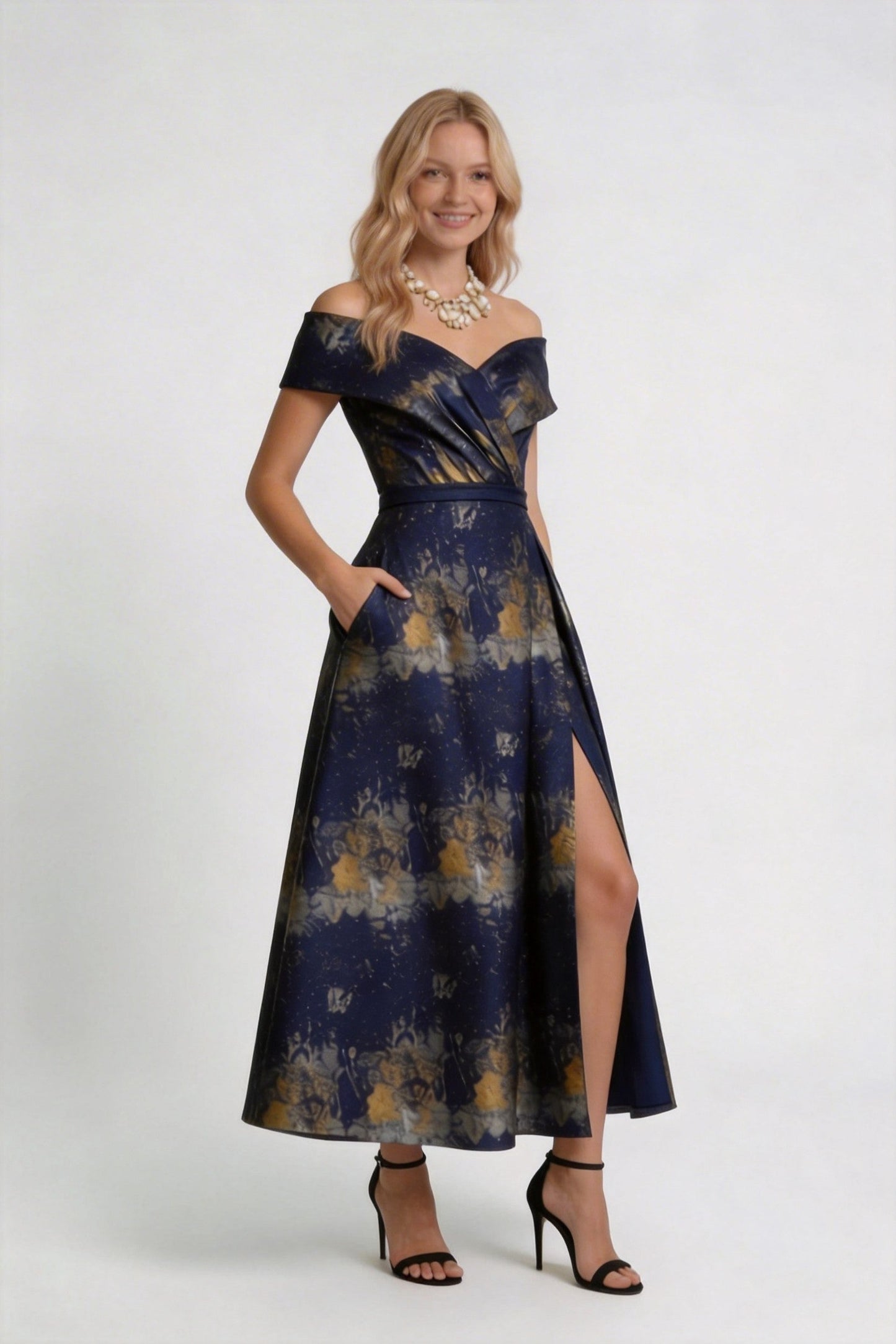 A-Line Tea-Length Jacquard Mother of the Bride Dress CM0429
