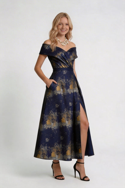 A-Line Tea-Length Jacquard Mother of the Bride Dress CM0429