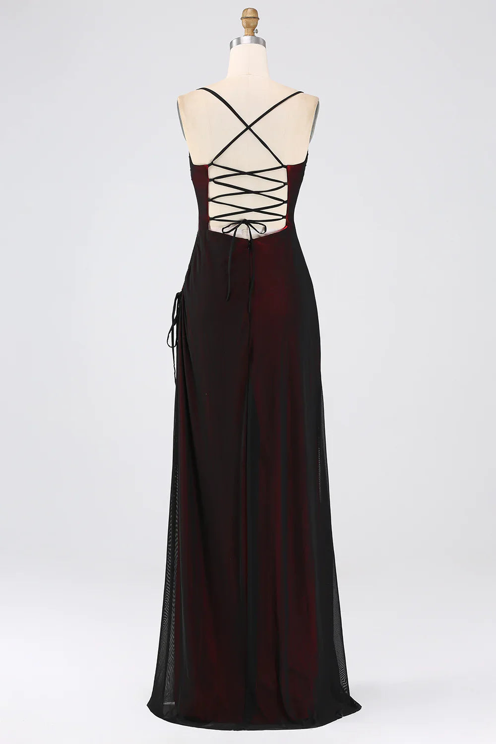 Sheath Spaghetti Straps Black Red Floor Length Bridesmaid Dress