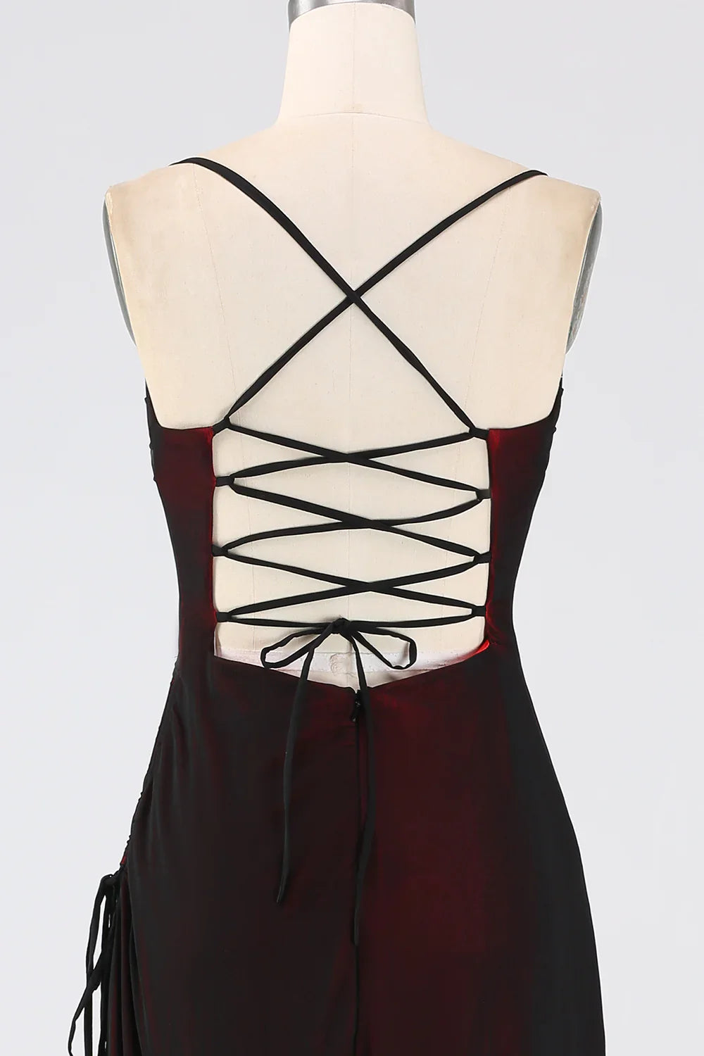 Sheath Spaghetti Straps Black Red Floor Length Bridesmaid Dress